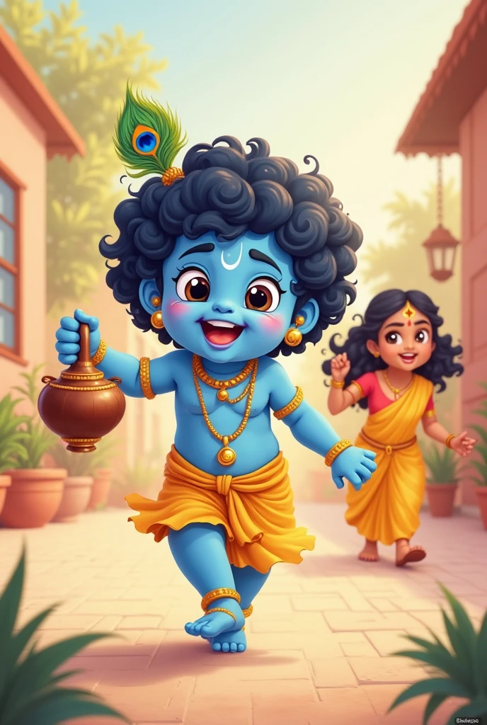 Cute baby lord krishna with a feather on his head is being mischivious there is a small clay pot of butter kept and his mother who looks like a goddess is trying to catch Krishna who is running away, on a plain background