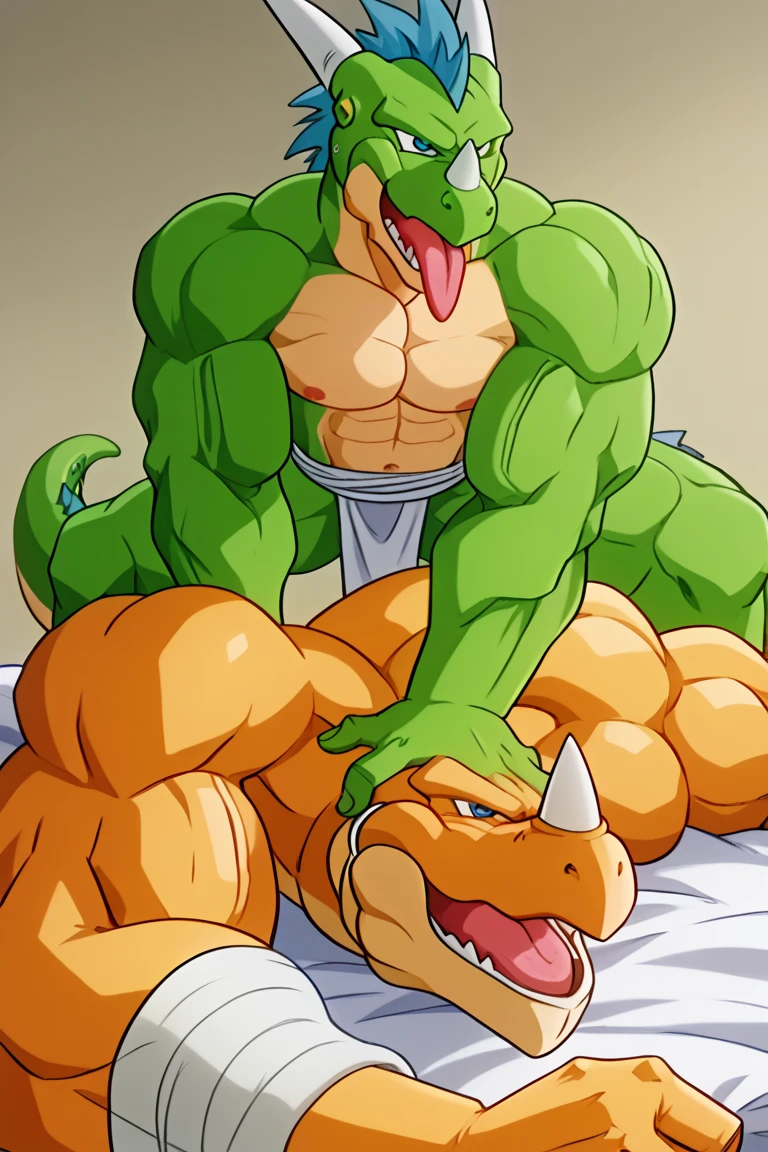 Duo gators big male fighters(Green Gator vs Green Gator, handsomes, perfect eyes, Thick eyebrows), beso gay((Cuddling lying down embraced in a bed match, back perspective)(cuddling body frottage)), hot(Full body, shirtless), handsomes(They are handsomes, correct anatomy), musculosos(Big muscle bodies, Six packs, muscle abs, big pecs, muscle legs, muscle backs), sweaty(very sweaty wet bodies), tatuajes(they have tattoos), Angry(They have an angry expression), Boxing gloves(They both are wearing boxing gloves), boxers(They are wearing shorts boxers), Hight resolution