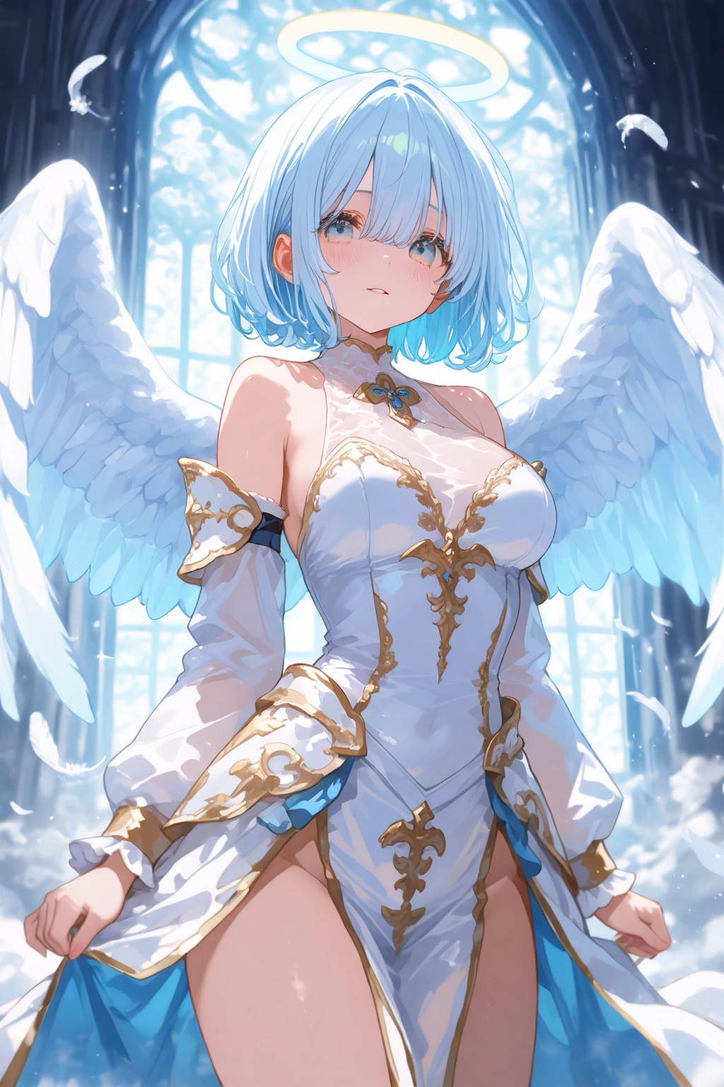 wht1,Absolute area,Open mouth smile,Beautiful background,best quality,masterpiece，Angel Girl, young，12 years old，Brunette with wings, Hart neckline