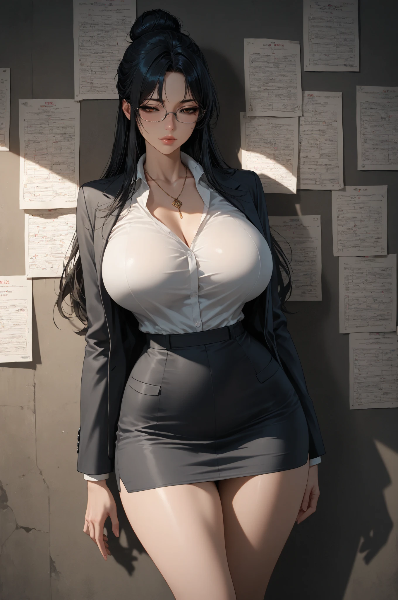 girl in a suit, full body shot hyperdetailed, Superskirt，stocklings，huge tit，Bare chest，choker，eye glass，High ponytail，Slender legs，Perfect legs