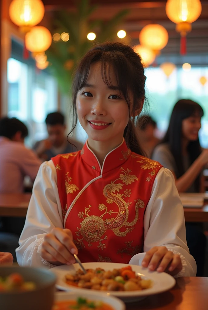 1 girl, alone, looking at the viewer, dark blonde long hair, hair is tied up, ((Chinese cheongsam dress, sexy cheongsam)), sleeveless, brown eyes, Coastal rocky background, small breast , smile, sitting, realistic, masterpiece, 最high quality, high quality, High resolution,