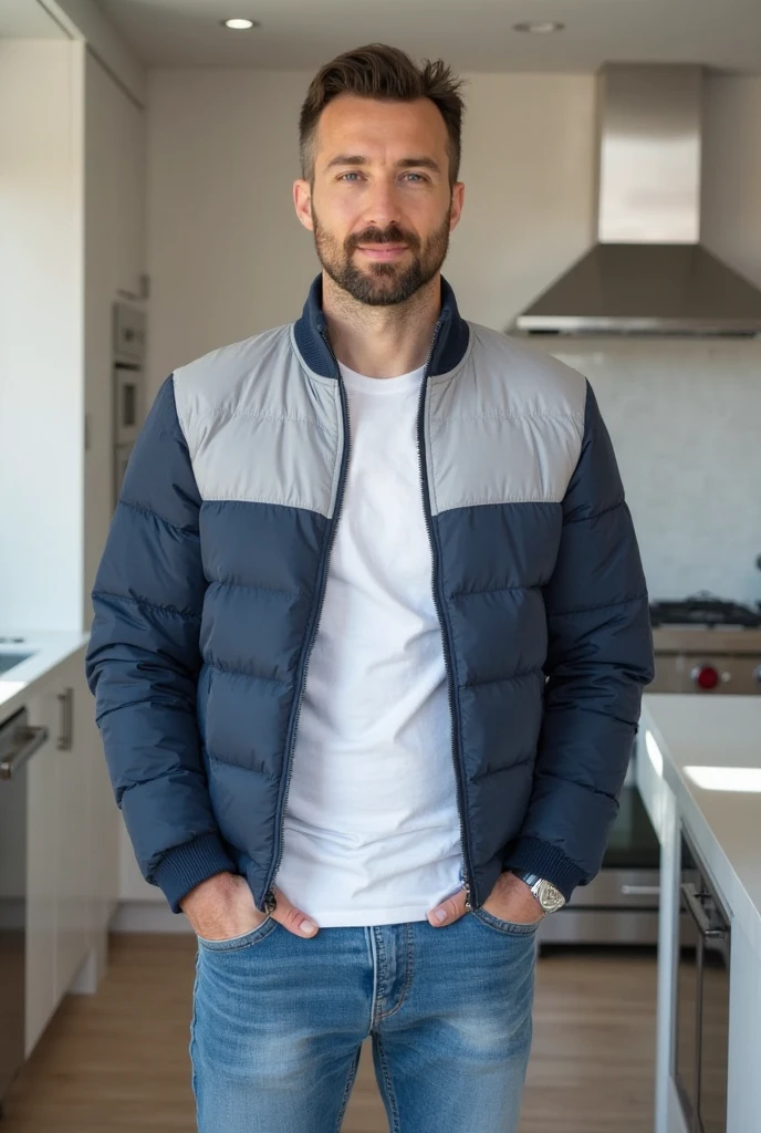 Create a hyper-realistic, males gay man BDSM image, high-resolution image showing two extremely handsome  brightly lit living room. The wonderful and seductive uncle, aged 42, with short hair beginning to show signs of balding, is wearing dark pants and an open, *extremely shiny blue nylon puffer jacket* that exposes his slightly hairy chest and slightly prominent belly. He is kneeling on the floor, *wearing a collar around his neck*, being pulled by his gorgeous dominnering nephew, a 26 yo man with a naturally attractive physique, dressed in a formal shirt and casual pants, stands next to his wonderful submissive uncle. (((The *nephew pulls the collar with a confident and authoritative expression*, while the uncle, *kneeling*, looks up with a submissive expression))). The living room is natural high iluminate, with normal, comfortable decor that enhances the realism of the scene. The image should capture every detail with precision, emphasizing the interaction and contrast of roles between the two men with natural high ilumination highliging the realistic males man. High resolution, Super detail, Best quality, Anatomically correct, Accurate.