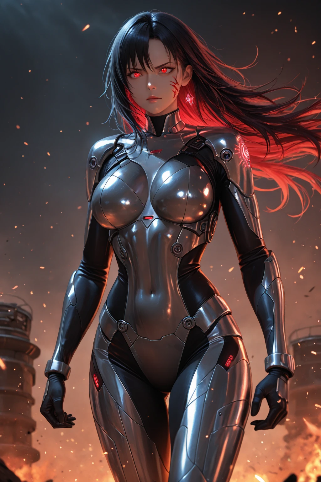 cyborg warrior girl in an attacking pose View from below, angle from below, flat horizon photo, Girl android , she has long red hair, hair tied up in a ponytail, she has a mask on her face, a respirator, a woman with sexy hips, incredibly beautiful blue eyes and a gas mask on her face, half cyborg, technological modifications. Beautiful face, black metal cybernetic android robot body in black color, Large, wide hips, suit with red indicator lines with many red details, cybernetic armor with a red glow from under the joints and joints, she has blue eyes , frame with a flat horizon, Anime Style Photography , Red Lasers, black background Cyberpunk style, the camera films Her from below, lower angle of photography, black background image of a night black city and red neon lights, red lamps, red lighting, red flashes in the background