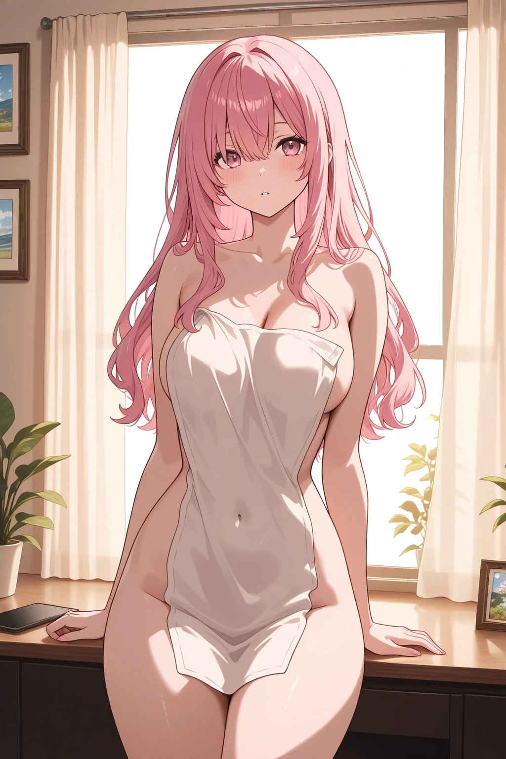 ((masterpiece,Highest quality:1.3,best quality illustration)),cowboy shot,独奏,1woman,(Mature Beauty),pink hair,low ponytai,long hair,bangs,gray eyes,(gorgeous big eyes),((very small head)),shy,tears,((very long body,skinny,skinny)),medium breasts,((White tube top shirt、navel、vagina)),Wet crotch、gleaming skin,oily skin,slender body,sweat,arms up,sitting,spread legs:1.4,Simple bed、Simple bedroom,New York City、nsfw,