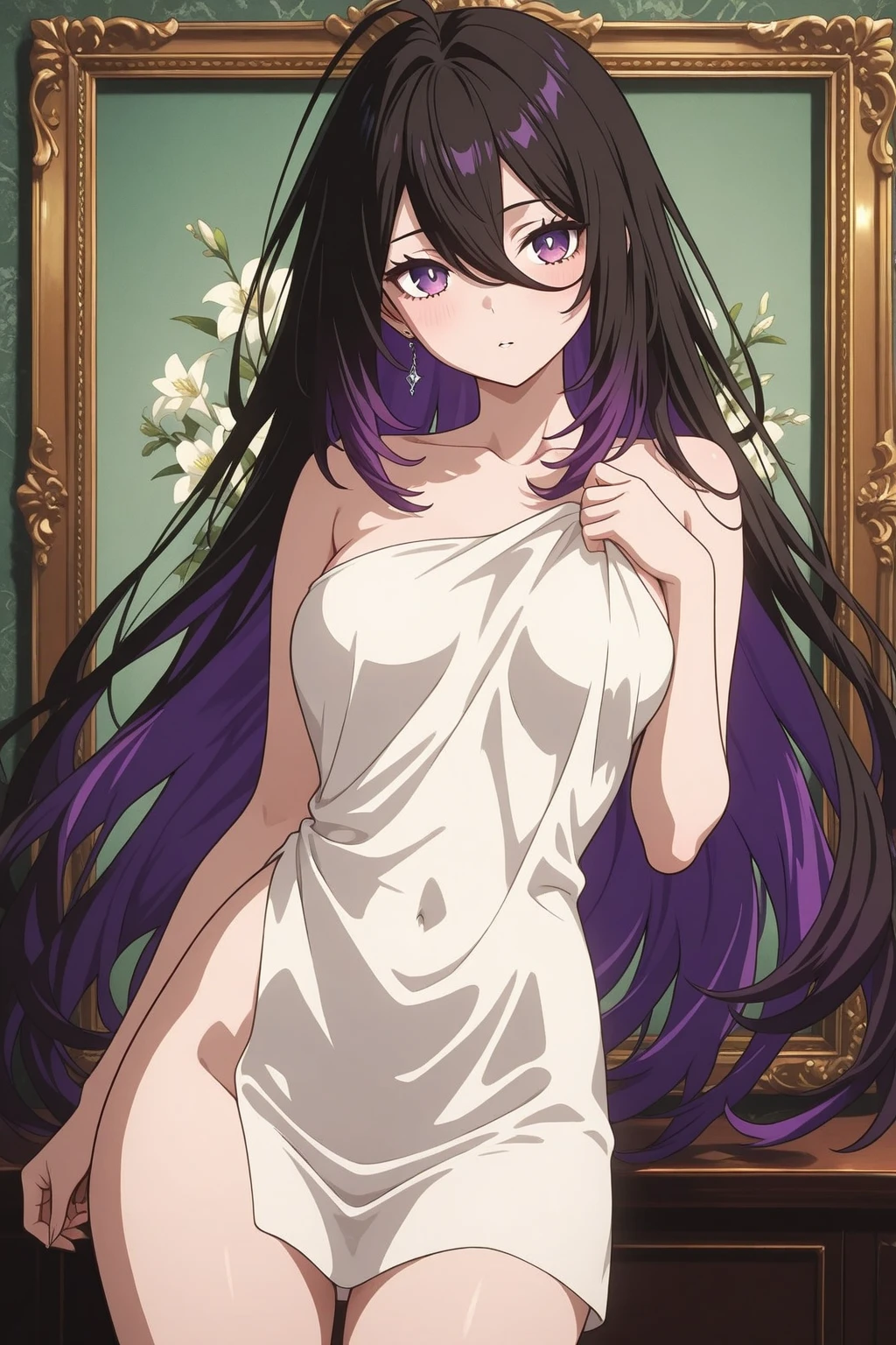 (Highest quality), (masterpiece),Black Hair, Purple Eyes, Purple kimono, Exposing shoulders, ,Fair skin, Long Hair, Long Bangs, Small breasts, Confused eyes, snow, sexy, Cemetery, Cross Grave, jitome, evil grin, indian style, half closed eyes, Off Shoulder, ass pov, pale skin, flat chest, wavy hair