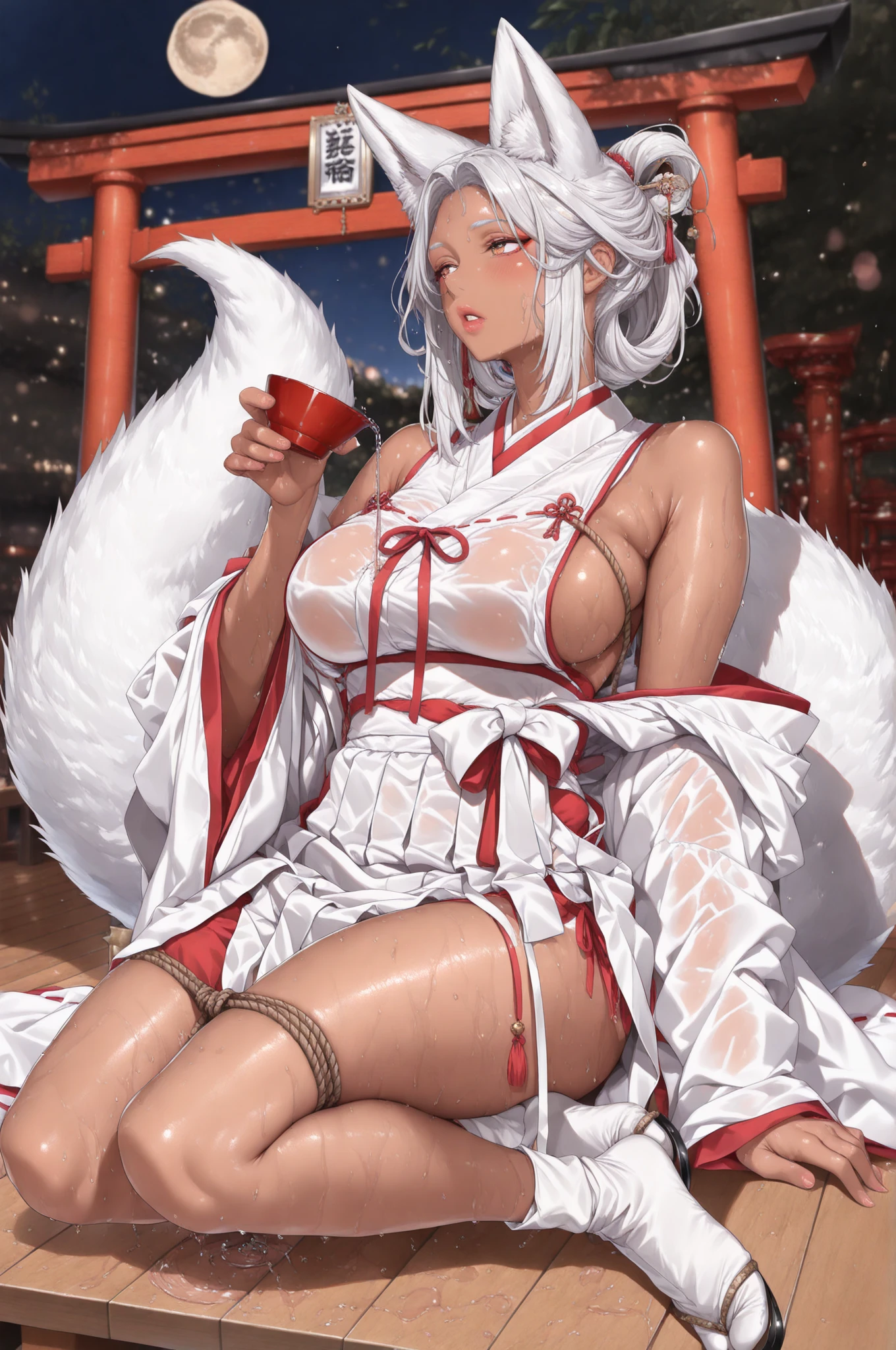 Sleeping white-haired big fox，Japanese style，huge tit，Beautuful Women