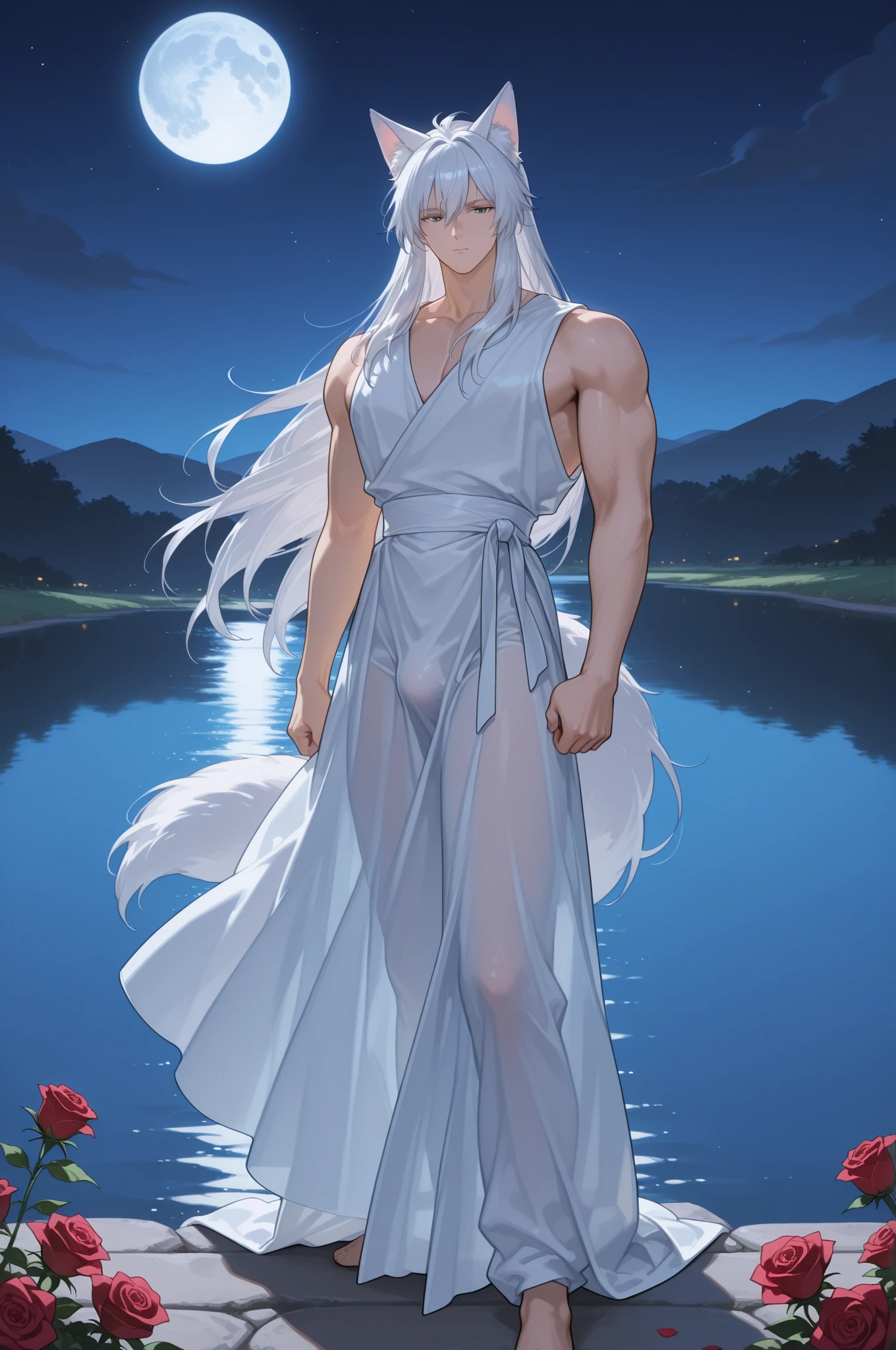 8K resolution, ultra-fine details, fine picture, masterpiece, high quality, 1 men's solo, necklace, realistic, (high detail skin: 1.2), elf king, full body photo, silver long hair, elf ears, stud earrings, elf mage robe, handsome face, cold expression, highly fine luxury white robe