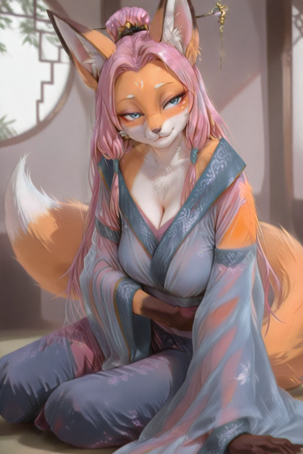 By zinfyuu on pixiv,by twistedscarlet60, uploaded on pixiv, by fluff-kevlar, (masterpiece), (best quality), (anthro furry:1.3, snout:1.2, anthro:1.3, furry:1.2, solo female:1.2), (extremely detailed:1.3), (pink_detailed_eye), wearing white kimono, sfw, oriental palace, kneeling, training room, nature beauty, view on viewer, kimiko, busty, small breast, thick thighs