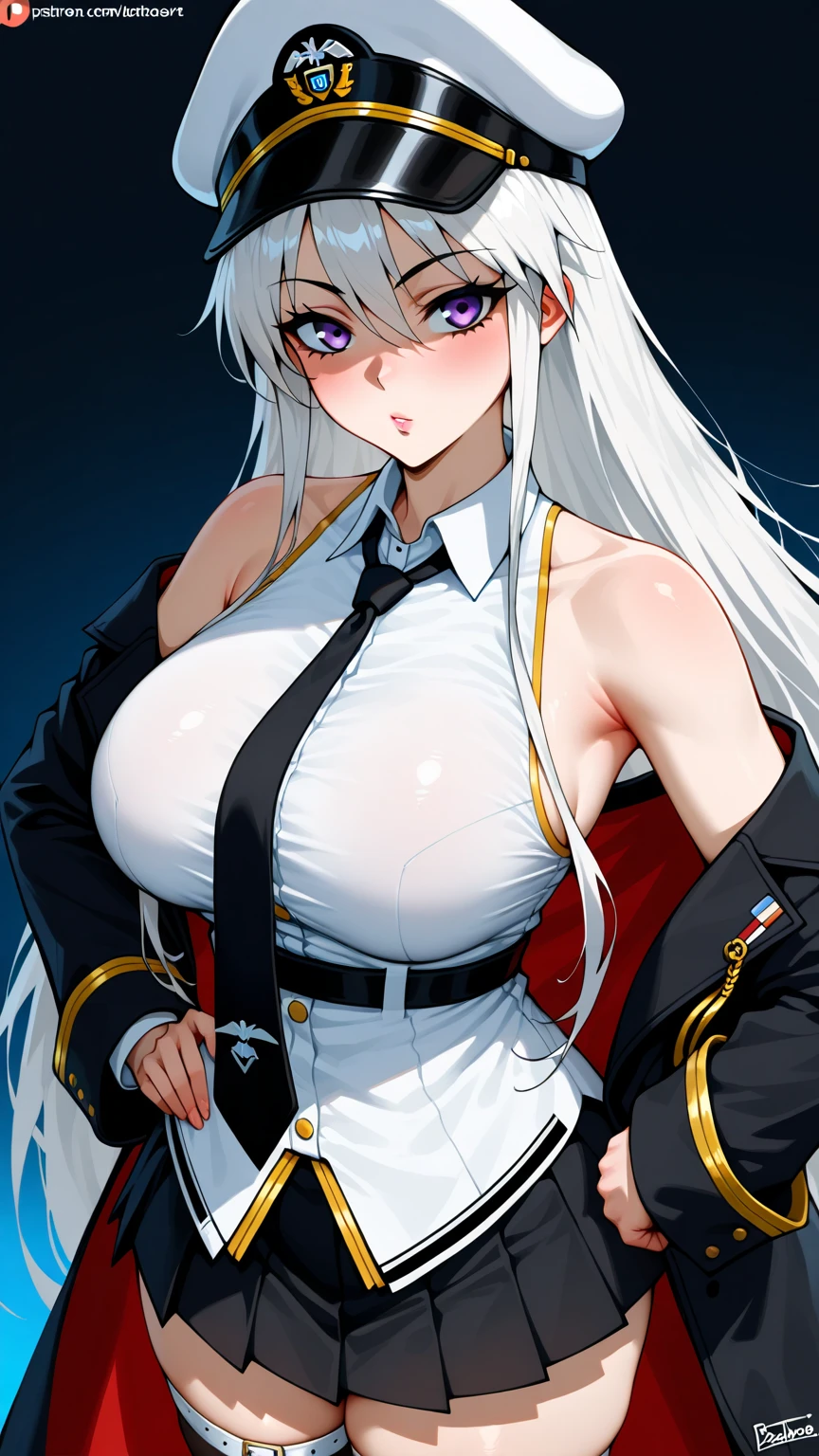 Anime girl, White fox ears, (One) White long fox tail, enormous boobs, white long hair, curvy, in captains quarters, navel captain uniform, purple colored eyes, smooth skin, white thong, eye patch on right eye, serious face, navel uniform jacket, pants