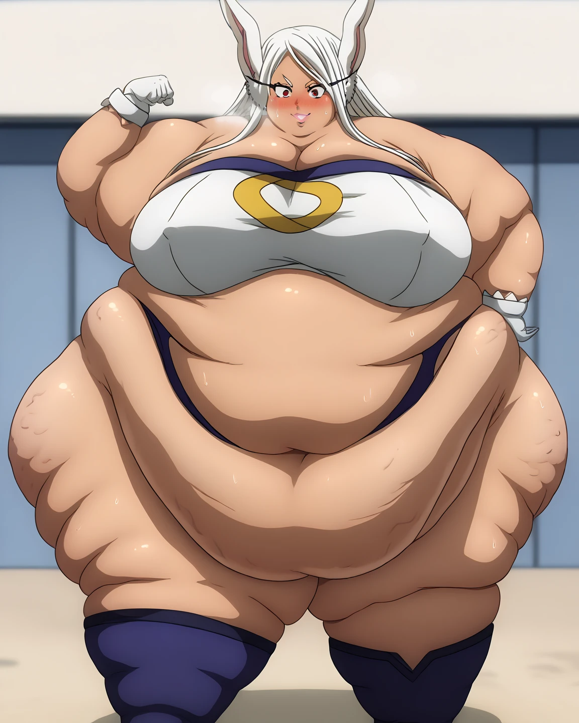 ((1 male)) Solo, ((Anime)),Neuvillette as a Sumo Wrestler , long hair Multicolored hair, White and blue hair, hair Styled in bun,Pointed ears, Morbidly Obese!!!, Background:Arena:1.5, ((Wide Hips)), Thick thighs, ((fat butt )), huge belly!!, ((Frowning )), ((Anatomically accurate))