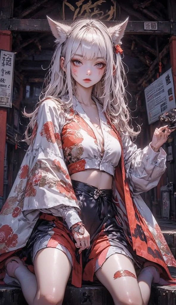 ((Melhor qualidade)), ((obra-prima)), (detalhado: 1.4), (Absurdo), Woman body set bare thighs parts of the covered by technological clothing, ((seios grandes)) perfeitos, decote generoso, pastel, cabelo moicano branco com mechas, vermelho, short underwear, cinta liga, por mucha, niji, close to the real, melhor qualidade, quase nua, psicopata, cara de louca, Action Pose, harlequina, cat eyes, noite estrelada, clothing imitating plane P40, Shark mouth of the P40 plane of the second war, dragon tattoos on the arms, Dark blue bra with white stars, estrelas cobrindo os seios, HDR (High Dynamic Range),Ray Tracing,NVIDIA RTX,Super-Resolution,Unreal 5,Subsurface dispersão, Textura PBR, Post-processing, anisotropic filtering, Profundidade de campo, Maximum clarity and sharpness, Texturas multicamada, Albedo e mapas especulares, surface shading, Accurate simulation of light-material interaction, perfectly proportions, Octane Render, Two-tone lighting, Ampla abertura, Baixo ISO, white-balance, thirds rule, 8K RAW