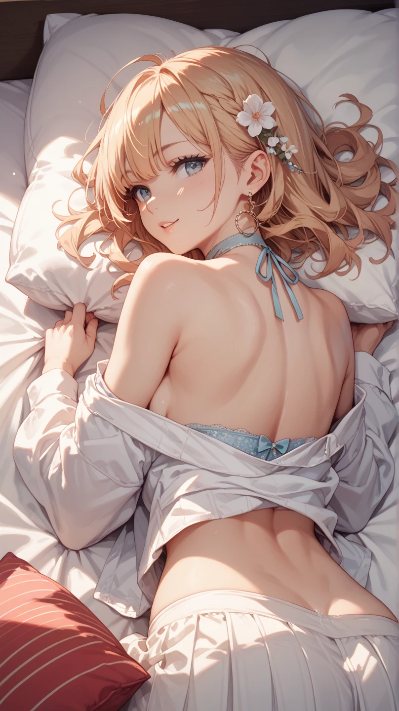 Looking Back、On the bed、girl、Light blue bra、Bedroom、night、Blonde Hair、Hair that falls over the shoulders、Unhook、hand over、Cowboy Shots、From the back、UHD、masterpiece、highest quality、、
