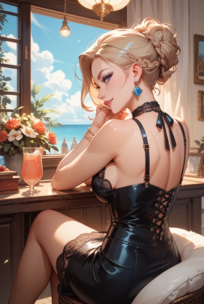 Please follow all prompts below exactly and faithfully. This is a breathtaking masterpiece of digital illustration, with maximum resolution, UHD, 512K, 2160p, 10 million ppi, 300 million dpi, natural color tones, ultra sharp details, perfect outlines with contrast, **most realistic skin and hair textures**, most beautiful detailed eye features, perfect anatomically correct human body, beautiful background with depth, rule of thirds, depth of field, Maximize all element is used to its full potential to create the best digital illustrations, (from behind:1.5), (looking back:1.5),
A very sexy mature elegant slut with a perfect body style, beautiful sharp face, slim figure, gravity defying large breasts, beautiful green eyes (with shiny blonde shaggy cut short hair), bangs covering one eye, glossy sensual very shiny thick lips and striking pink lipstick,
She is standing at the bar in a seductive pose wearing a shiny red bodycon dress with intricately designed lace and see-through pelvic curtains,