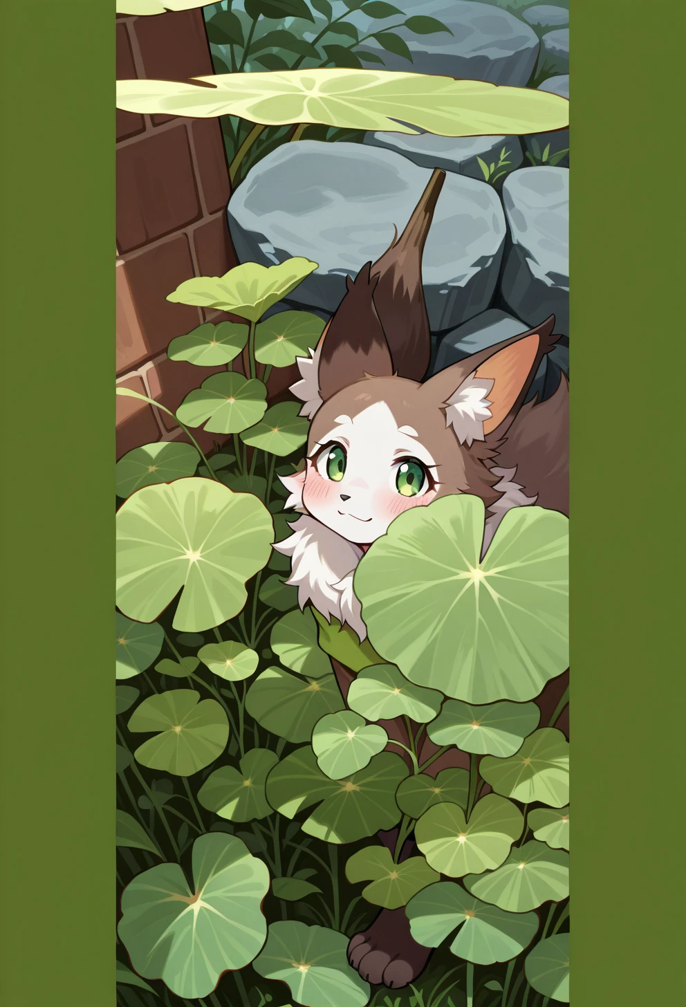 best quality, masterpiece, highres, solo, 1girl, in a leavy bush, DOG ears ,only head out of bush,close up,lie down on bush,smile