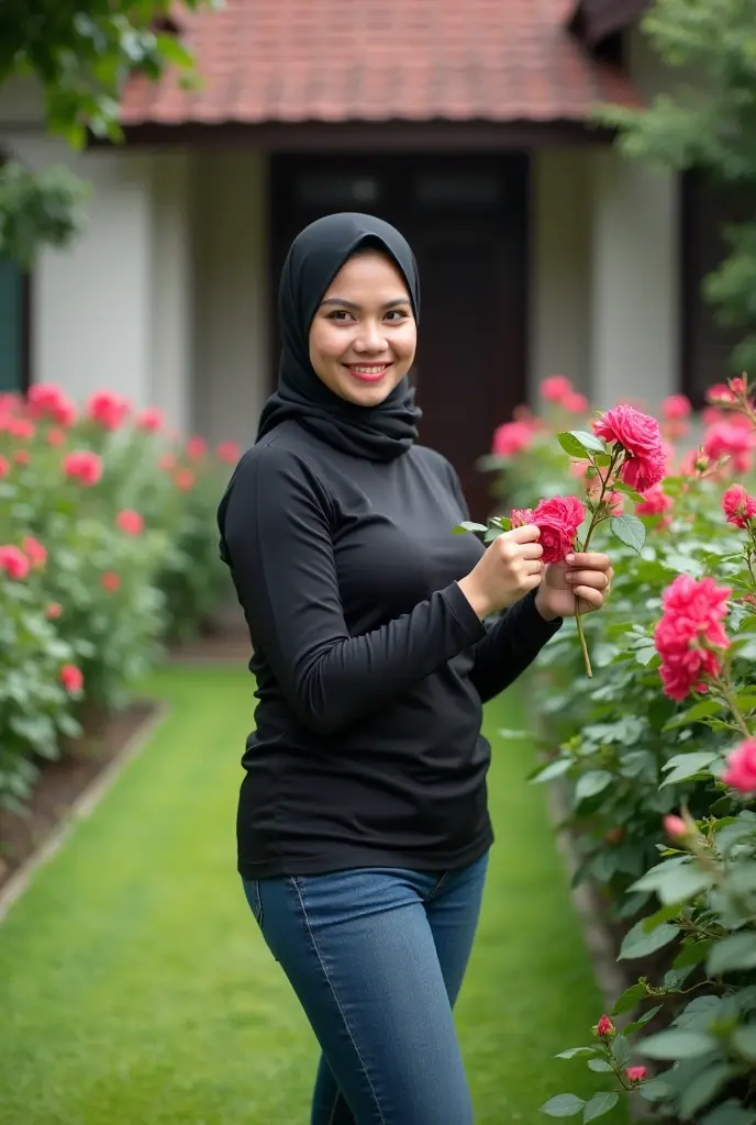 (photorealism:1.2), beautiful woman, cute malaysian woman wearing glasses, wearing hijab and white jersey, with blue jeans, leaning on the wall, nearby a park, holding and sniffing a red rose flower, highly detailed photo, portrait, epic realism