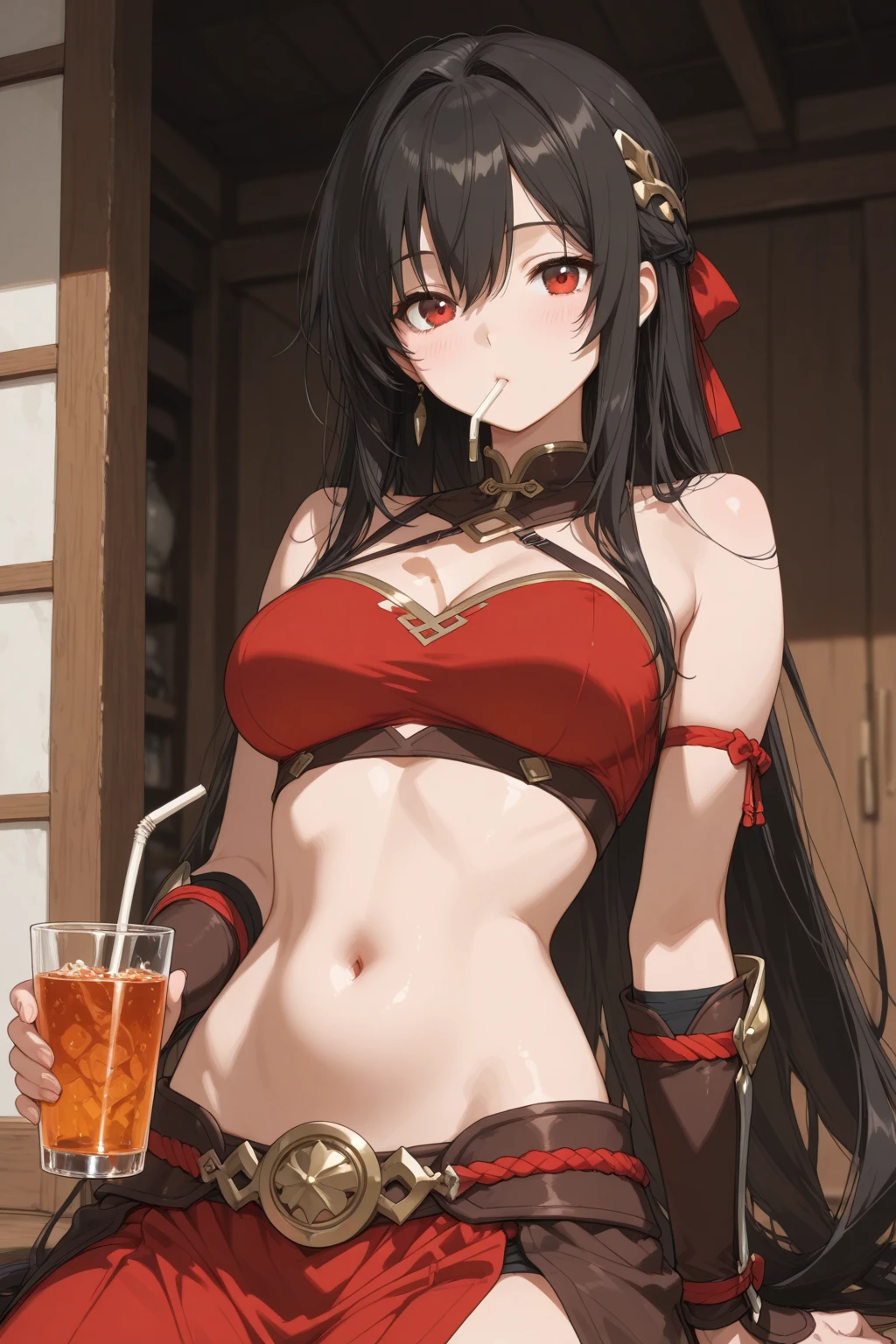 (masterpiece, best quality),best quality, (ultra-detailed), (4heads:1.4), 1girl, (inaba tewi:1.3), masterpiece, best quality, pink top, crop top, ((stomach)), midriff, ((groin)), pink skirt, normal ears, shackles, black hair, very long hair, wavy hair, sidelocks, red eyes, parted lips, single horn, sweat, cute, toned belly, hand on own chest, eyelashes, (21 year old woman:1.3), (masterpiece:1.4), (best quality:1.4), (beautiful detailed extremely detailed CG, extremely delicate and beautiful, depth of field, (finely detailed face), (perfect details:1.1), (mature female:1.3), wide pelvis, slender, large veiny breast, 8k resolution, high quality, high definition, extremely detailed, masterpiece, best quality, black hair, long hair, alluring presence, braid, short skirt, close up, big tits, young, rabbit ears,
