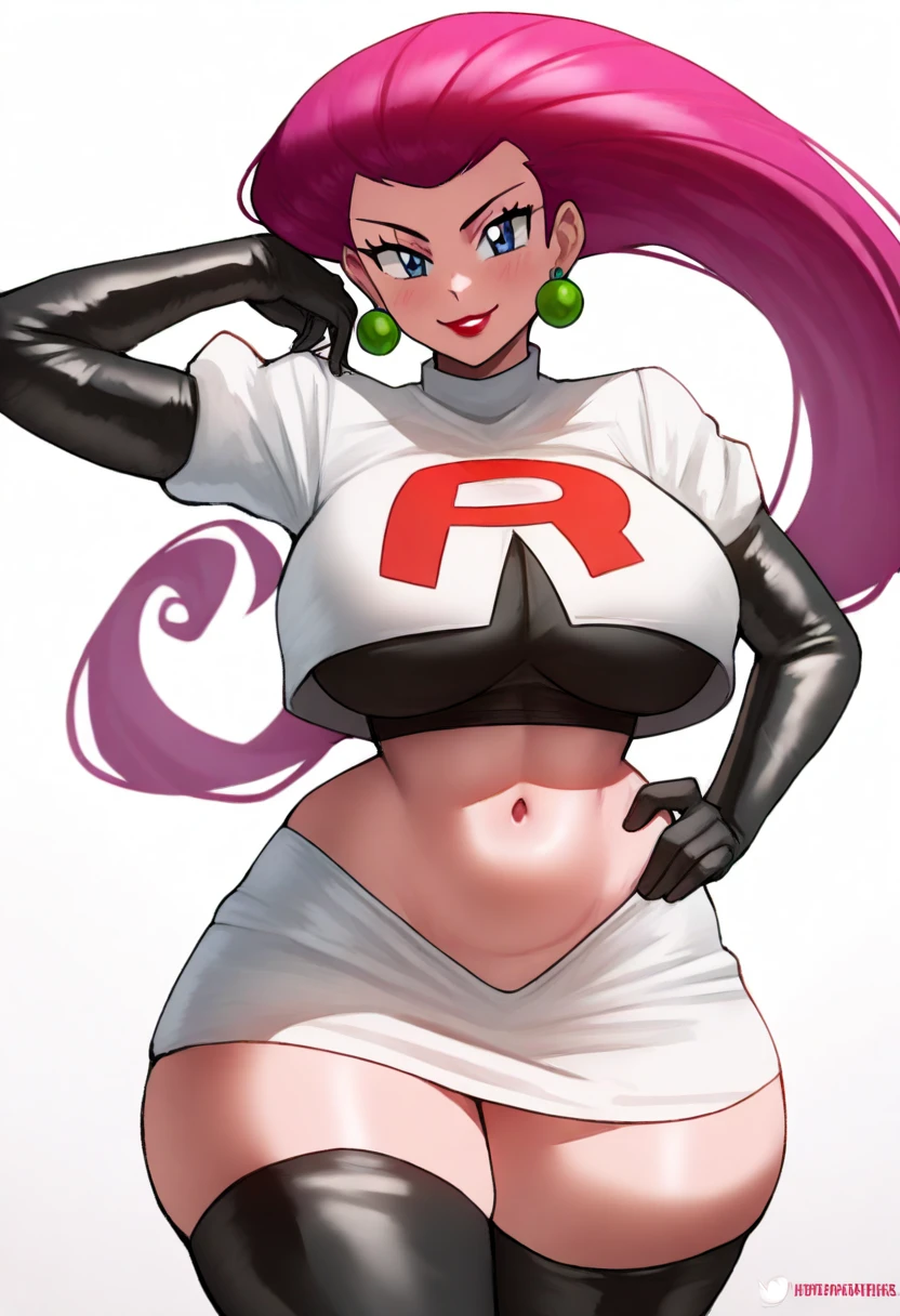 (best quality), (masterpiece), 1 girl, early 20's, huge heavy breasts, busty, perky breasts, thick, thick lips, wide hips, thin waist, jessie pokemon, hair slicked back, long hair, purple hair, blue eyes ,white skirt, crop top, thighhighs