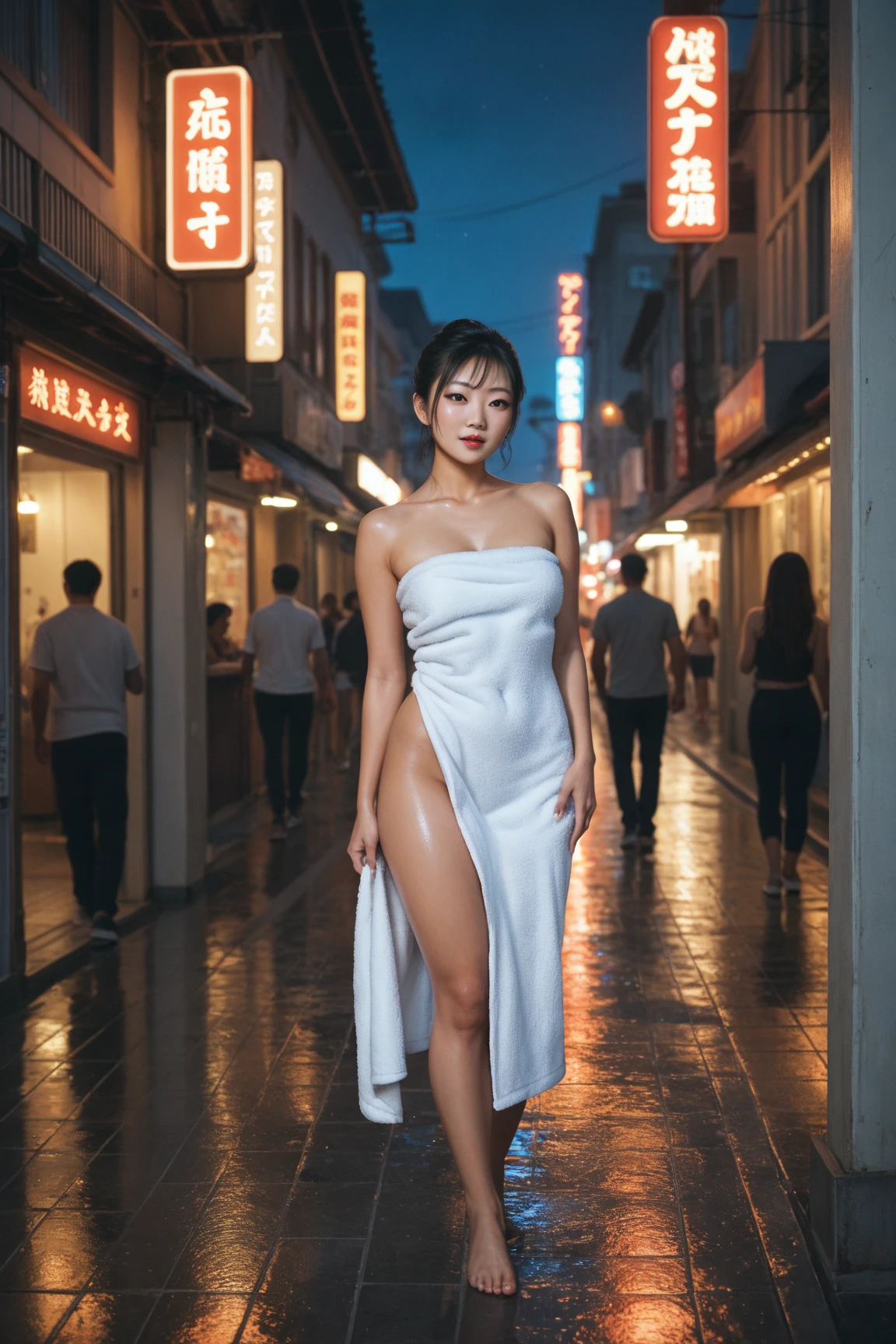 Cinematic movie poster of (nude gorgeous Chinese|Filipina woman), in sci-fi cyberpunk alley, standing, feet, blue pink orange green lighting, best quality, studio lighting