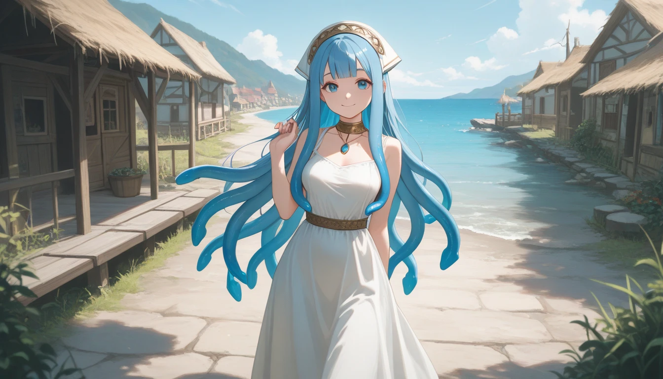 High resolution、Highest quality、Small build、Small shoulders、White skin、Long Hair、thin、Sage DQ3、Sage of the wise、 Light blue long hair、Wide Open White Dress、Circlet、blush、thin太もも、((No underwear、Naked from the waist up、Browse Down))