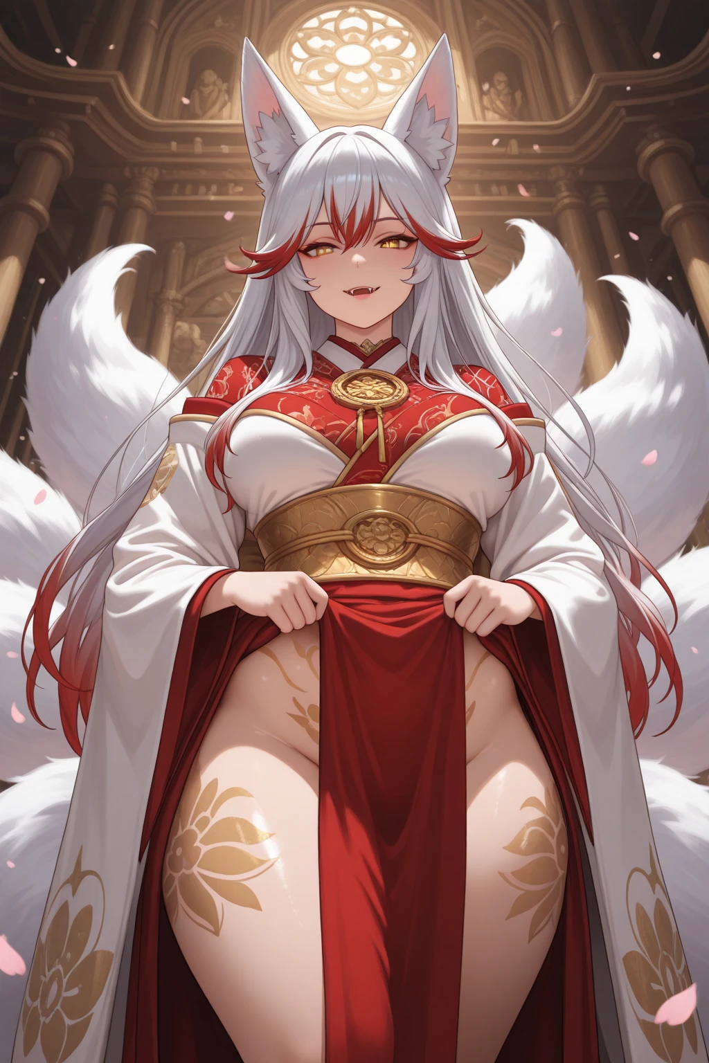 （Best quality at best），4K，Noble female nine-tailed white fox，furry ears and hands and feet，long leges，The expression is fascinating，Wear tribal clothing，forest backgrou，orc race，Pink Long Hair