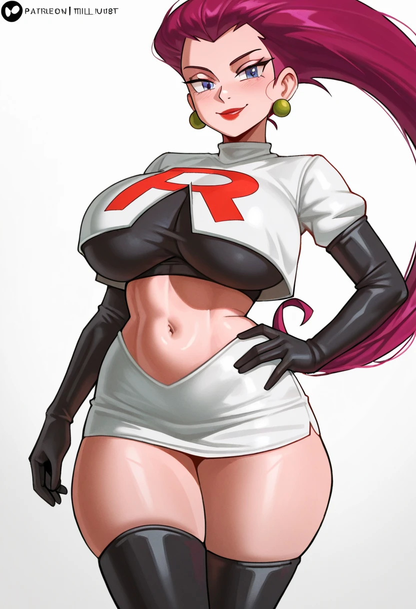 beautiful, (masterpiece), best quality, (extremely detailed face), extremely detailed eyes, perfect lighting, OverallDetail, detailed, deep skin,textured skin,
,jessie pokemon, hair slicked back, long hair,purple hair,blue eyes,hair slicked back,<lora:jessie v2 by goofy ai:0.8>, team rocket ,team rocket uniform ,white skirt,crop top,thighhighs,elbow gloves,
,<lora:Selfie_FefaAIart:0.8>,selfie,clothes lift,breasts, nipples,
bathroom, angry, very angry eyes,
