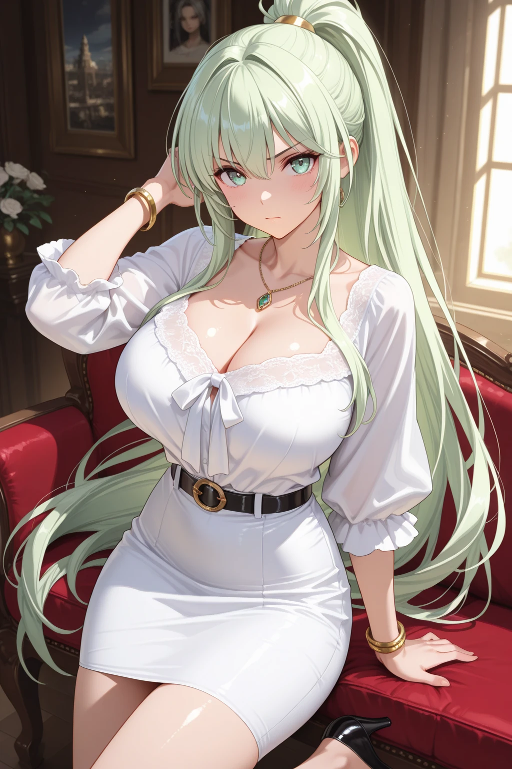 Blue eyes, dark dark green hair, darker hair color, voluminous dark green hair voluminous dark green hair, long straight hair, strong gaze, looking at me shyly, sparkling eyes, dress like Emilia from "Re:Zero Kara Hajimari no Isekai Seikatsu" , white armor dress, large white cape with one-pointed purple pattern on white background, purple hairpin, in dark room in a dark room with a sofa, focus on face, fresh smile, big droopy eyes, blue eyes, cute expression