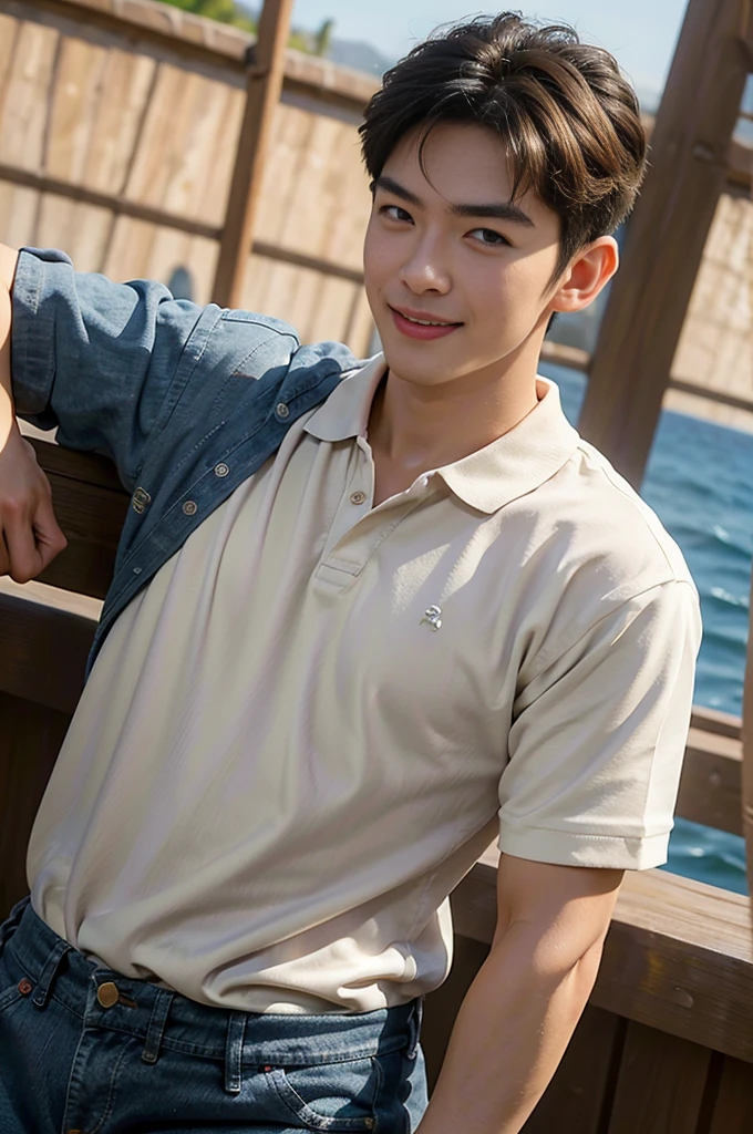 (Masterpiece: 1.2),(CGI art:1.3),(realistic:1.5),(post processing:1.3), (sharp focus:1.3), Asia, 1 male, smile, Korean guy , korean men, (High gloss details), chest muscles, Big arm muscles, blood vessel, big muscles, shoulder, looking at the audience, Balancing the eyes ,(Polo shirt),(jeans), , By the sea, beach, sunlight, Run towards the camera..