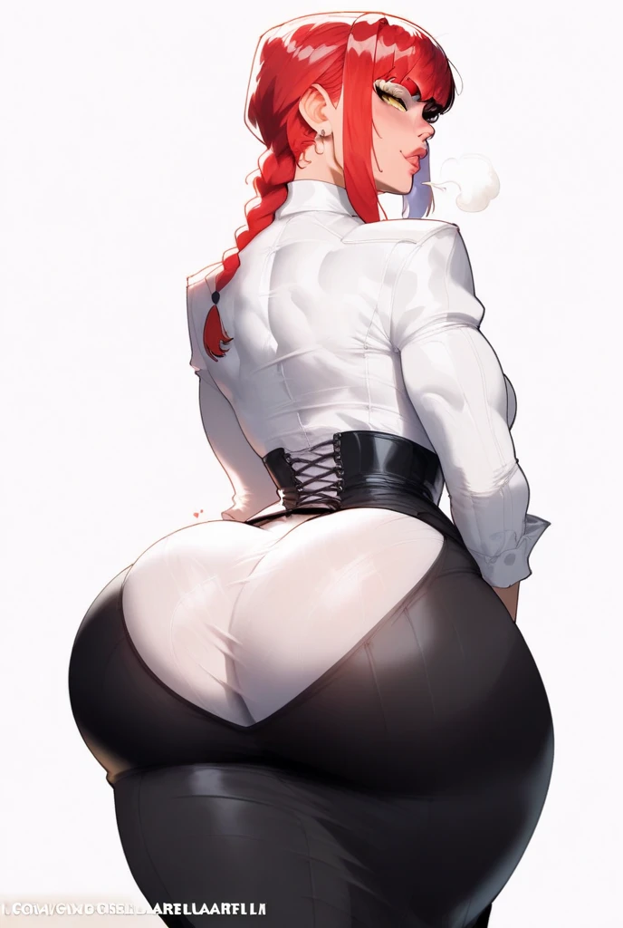 masterpiece, best quality, purah, red glasses, hair ornament, hair stick, red headband, white shirt, white jacket, black skirt, orange leggings, high heels, standing, perfect booty, round heart shaped ass, smile, from behind, looking back, thick thighs, garden, hands to hips
