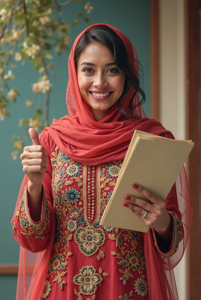 a hijab wearing teacher wearing a kebaya, holding a stack of books, detailed face and eyes, intricate patterns on kebaya, natural lighting, photorealistic, 8k, cinematic composition, warm color tones, masterpiece