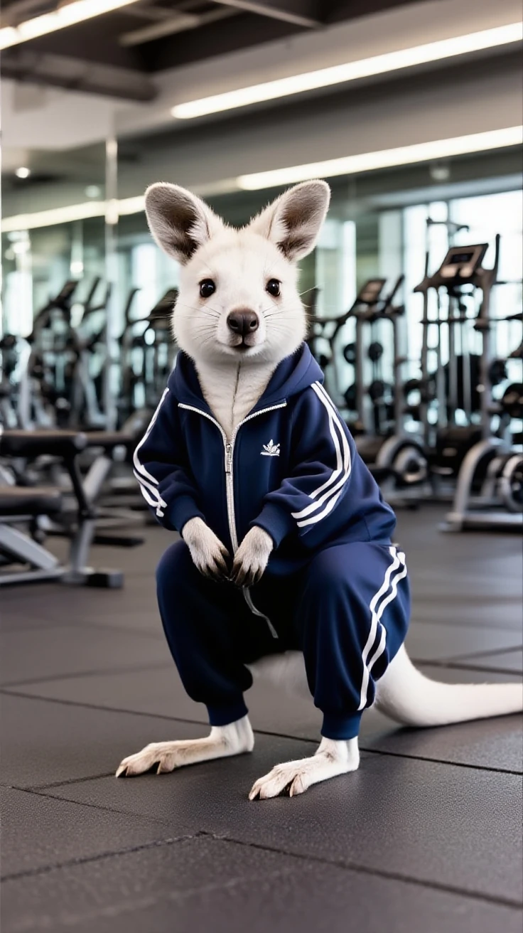 a slightly chubby young male corgi with small human blue eyes, no eyebrows, wearing a dark blue Adidas tracksuit, no pants white briefs, white socks , standing spread legs , highly detailed, realistic, 4k, best quality, masterpiece, studio lighting, vivid colors, physically-based rendering, white hands five finger, wicked grin hands on chest looking down