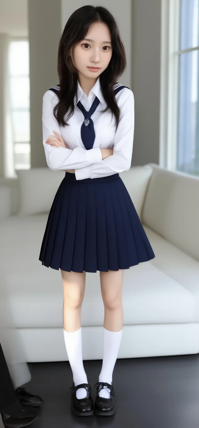 Best quality at best， tmasterpiece， A high resolution，8K，（realistically：1.4），超A high resolution，1 sister， ultra - detailed， hyper realisitc， Very detailed CG illustration， offcial art， 电影灯光， actual， Young and beautiful girl， perfect body figure， perfect body figure， full pov， perfect body figure， （Starting below：1.3），  lacivious pose， long sexy legs， knitwear，self-assured， Beautiful Sexy， student school uniform，a blue tie，Bow knot， A-line pleated skirt，Kurfo， S-shaped body， hip is cocked，placed in a，lacivious pose，Different Perspectives