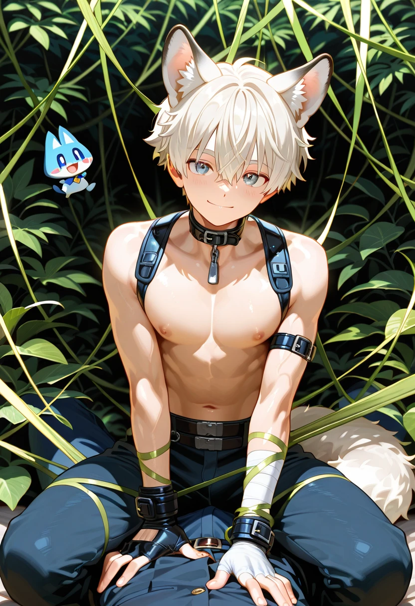 (score_9, score_8_up, score_7_up, score_6_up) BREAK human, humanoid, anime, anime style, line art, thick line, thick line art, outline, thick outline, robot, android, android skin, barcode tattoos on the body, (broken neck:1.4, damaged belly:1.2, damaged arms:1.2), damaged chest, solo, male, young, boy, shota, shotacon, nude, athletic, thin waist, short messy white hair, white fox ear, white fox tail, cute young face, talking, black mouth, glowing blue robot eyes, hard nipples, massive erect black penis, erection, foreskin, dripping precum, component, chip, circuit board, mechanical parts, mechanical component, holster, gun, handgun, holding handgun, hand holding handgun, exploring, exploring the forest, in forest, forest background, angry expression, looking away, BREAK good quality, best quality, high quality, high definition, hd, 4k, 8k, masterpiece, good proportion, perfect proportion, good anatomy, perfect anatomy