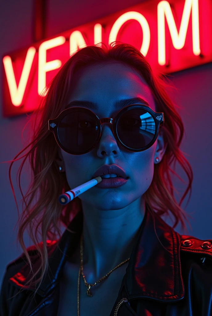 DSLR photo, cool Korean woman with tattoos, smoking a white tailor made cigarette and wearing a red jacket, white hair, sunglasses, NeonNoir, soft lighting, night, nighttime, realistic, red lighting, green lighting, hard shadow, masterpiece, best quality, Intricate, High Detail, 8k, modelshoot style, film grain,