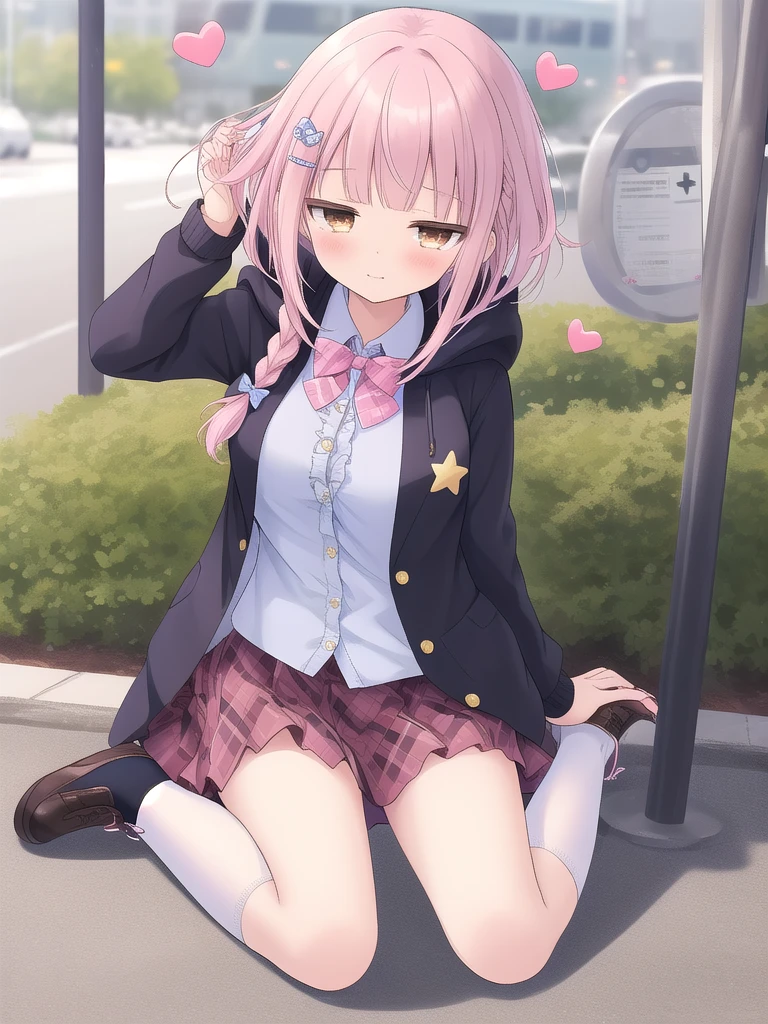 Pink Panties,Big breasts with legs spread,High Resolution 1girl Ahoge Bobby_pin bow bowtie braid brOwn_目s collared_shirt dojikko_Temporarily stop_shirt frilled_shirt_Color Free Joint_skirt frills hair_bow hair_ornament hairpin hand_in addition_Own_head, heart, heart_hair_Decorative hood_jacket jacket lin additiong_Pentagon Pink_hair plaid plaid_Ribbon Check_Pleated skirt_skirt shirt shoelaces shoes simple_background sitting skirt solo star_(symbol) twin_Braided Warisa White_Background bus stop_Knee socks, whole body