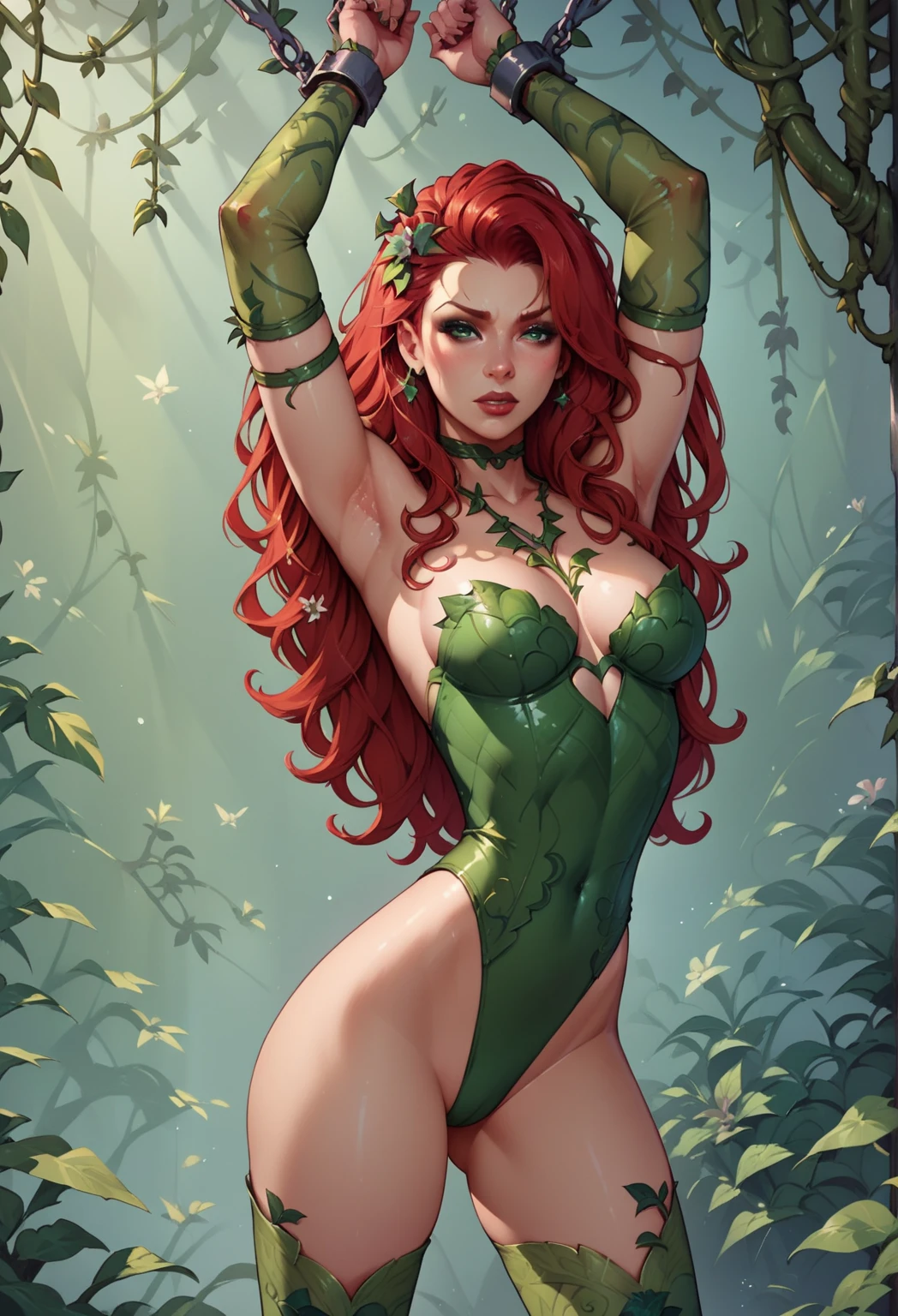 (mother of nature,green skin:green:1.1,red head:1.1) A mesmerizing image of Poison Ivy comes to life in vivid colors. Her beautiful, pale green skin stands out, radiating an ethereal glow. Her hair, a fiery red cascade, frames her face with wild elegance. Looking closer, you notice her enchanting eyes, filled with both mystery and power.
She stands confidently, her figure adorned with lingerie made entirely of intricately crafted leaves. Each leaf is carefully placed, forming a mesmerizing pattern that accentuates her natural beauty. The leaves, in various shades of green, seem to mimic the plants surrounding her, perfectly blending her with the lush environment.
Poison Ivy extends her hand, effortlessly commanding the plants around her. Green vines sprout from the ground, twisting and curving under her control. They dance gracefully in the air, forming intricate patterns and shapes. Some vines reach towards her, while others create an enchanting canopy above her, casting wavy shadows on her face.
The air is filled with the scent of nature, fresh and invigorating. The atmosphere seems to vibrate with life, as the leaves rustle softly in the gentle breeze. The surroundings are an oasis of greenery, with an abundance of vibrant plants and foliage that stretch as far as the eye can see.
In this masterpiece of art, the level of detail is astonishing. Every aspect of Poison Ivy, down to the tiniest veins on the leaves, is defined with precision and realism. The lighting is carefully crafted, illuminating her delicate features and enhancing the overall atmosphere. The colors are vivid and rich, showcasing the beauty of the natural world that she commands.
As you gaze at this stunning artwork, you can't help but be captivated by the allure and power of Poison Ivy, the Mother of Nature. She embodies the essence of the wild and the untamed, a force to be reckoned with.