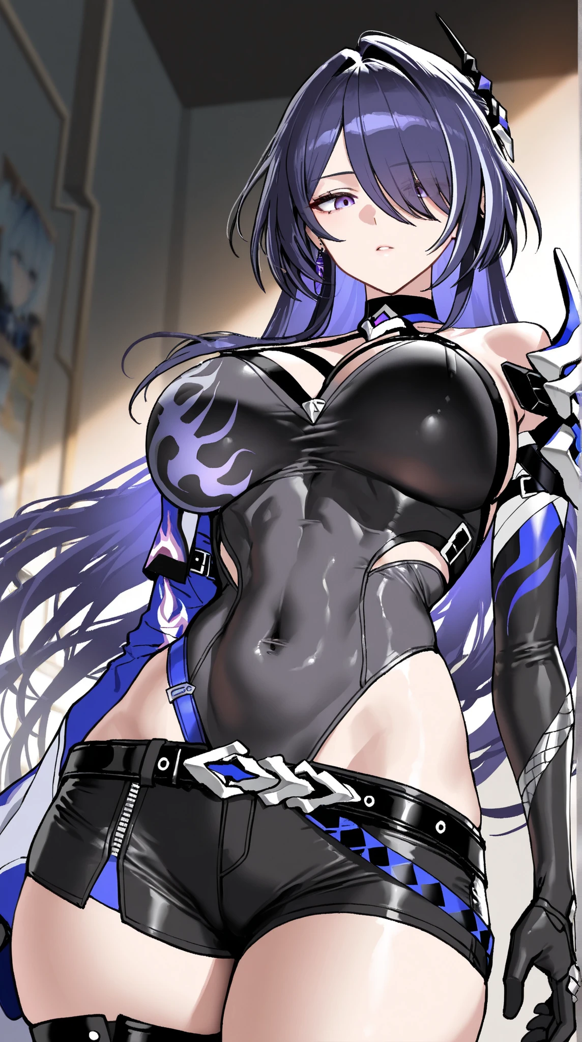 Young girl, long purple hair, blue eyes, blue symbiote costume, Venom, Carnage, blood, claws, masterpiece, high quality, open belly, tentacle sex,