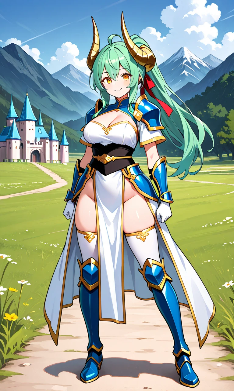 Masterpiece, 1girl, armor, armored boots, bangs, black gloves, black leotard, blue sky, boots, breasts, cleavage, cloud, covered navel, day, earrings, flower, full body, gloves, greaves, blue eyes, green hair, highleg leotard, jewelry, large breasts, leotard, long hair, looking at viewer, smile, outdoors, pauldrons, ponytail, red scarf, scarf, shoulder armor, sky, solo, standing, thighhighs, tiara, Granblue Fantasy style