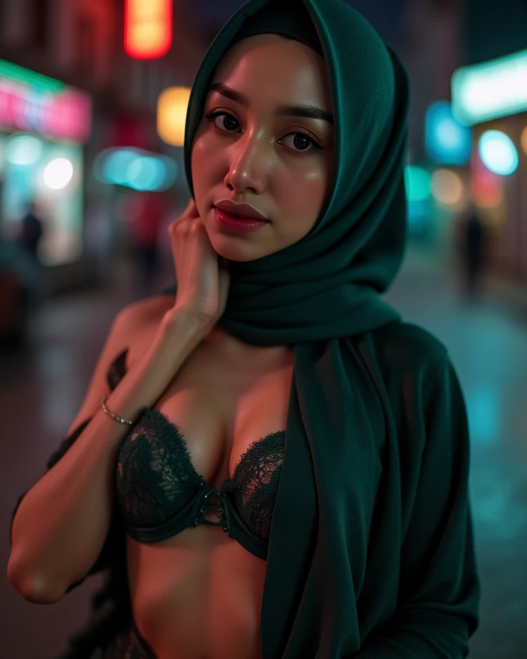 Realistic photo, a portrait photo of 20 y.o Pakistani woman in casual clothes, big breasts with bra and hijab, city street, (high detailed skin:1.2), 8k uhd, dslr, soft lighting, high quality, film grain, Fujifilm XT3