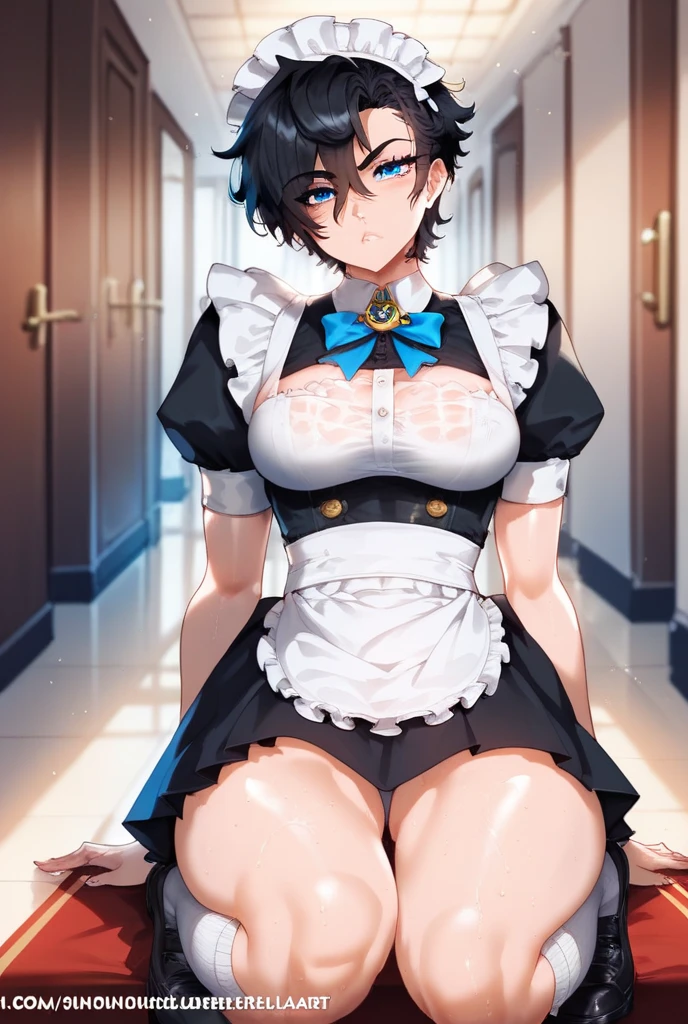 (((Pixel Perfect, Perfect in every detail,nsfw,,clothes lift,large breasts,smile,dpubic hair,1 girl,black thigh-high socks))), alone, One girl, Ruka Sarashina, Blue Ribbon, big , (French maid), View your viewers, In the room, sitting