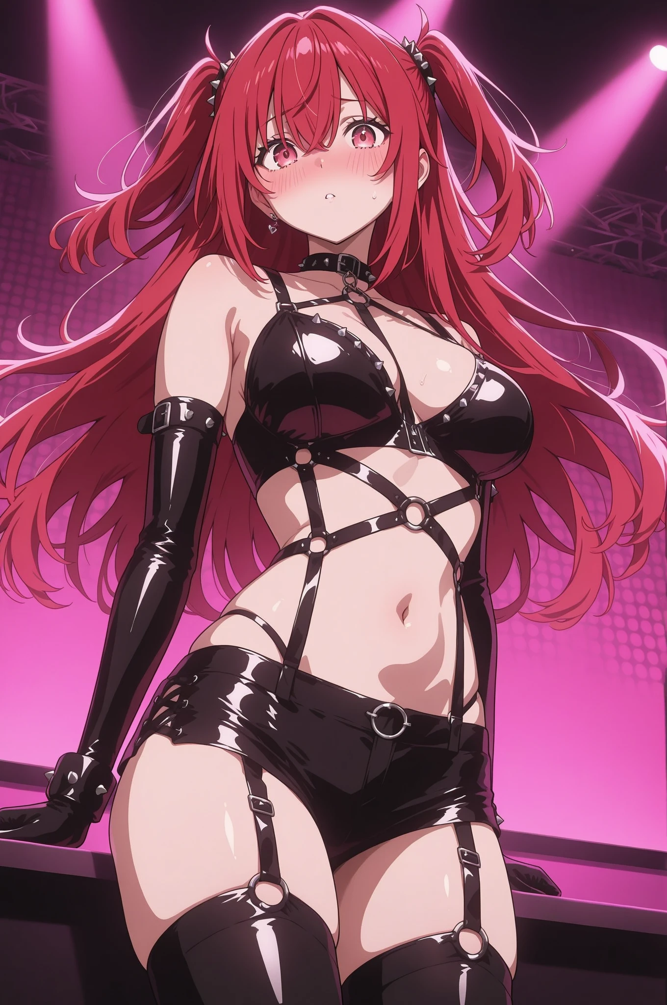 masterpiece, best quality, ultra-detailed, illustration, kawaii, detailed light, unhappy, proud, ahegao, blush, Highlights hair,red hair, beautiful detailed body, detailed sparkling eyes, 1girl, Cowboy shot, black mini bikini and stockings little chest, the sweat, Erotica, bottom view, blushful, the night, stand, spreading legs, gyaru, cum mouth