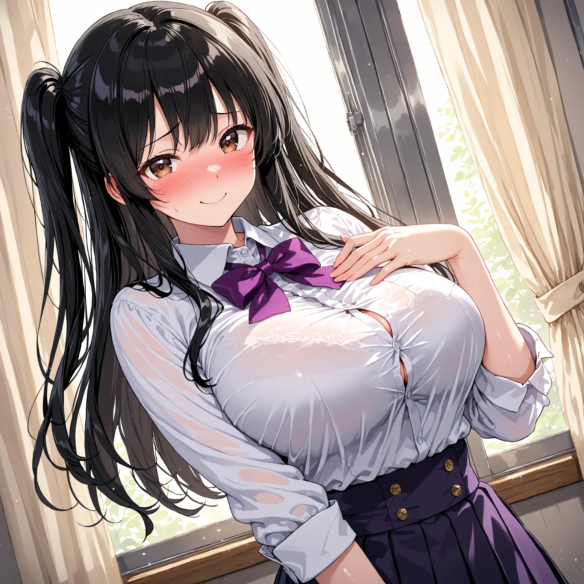 1 girl, alone, young face、black hair, (naked), high school girl、school uniform、big breasts, thighs, classroom、 (blush:1.5)、shirt、skirt、loafers、Ahegao、open your big mouth、stick out your tongue、shed tears、nipple、breastfeeding、huge breasts、panties、realistic eyes、nippleが透けて見える、Ahegao、ojo face、shortcut、Glasses、eyes that rotate violently、Rui々new lips、realistic teeth