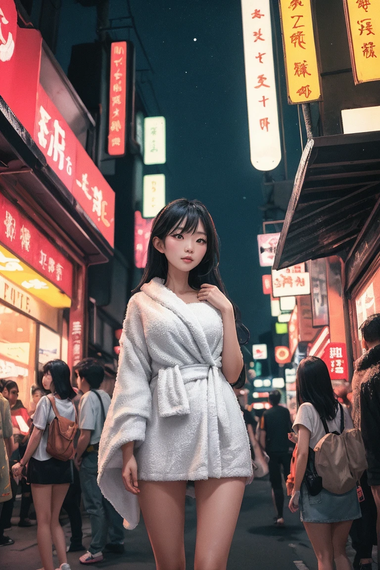 (Cowboy Shot), fisheye, girl, alone, Female Model,Female fashion model with a busy street in the background、Wearing a glamorous dress、Have a shopping bag、City Vibrancy. The generated image is、Attracting attention in fashion magazines and on social media、