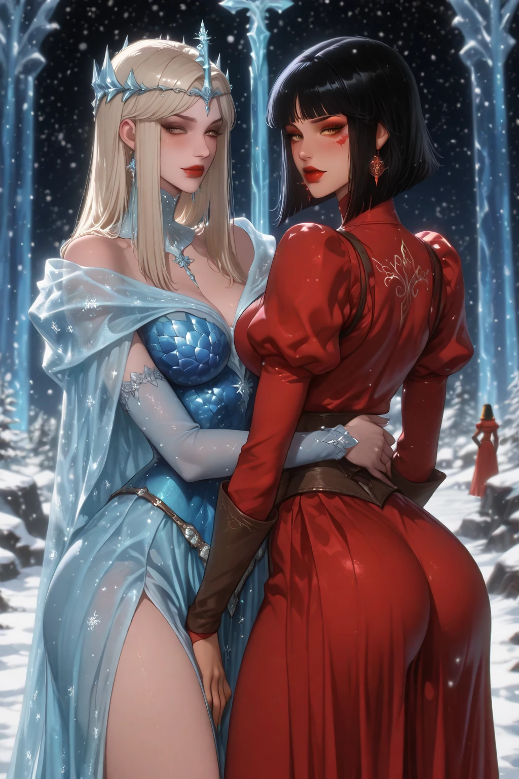 1girl，little red riding hood (fairy tale character),big bad wolf,the two sides collided in a fierce battle,the momentum of mutual compromise,about to attack the other side of the moment,dynamic fuzzy,blue lightning sweeps the house