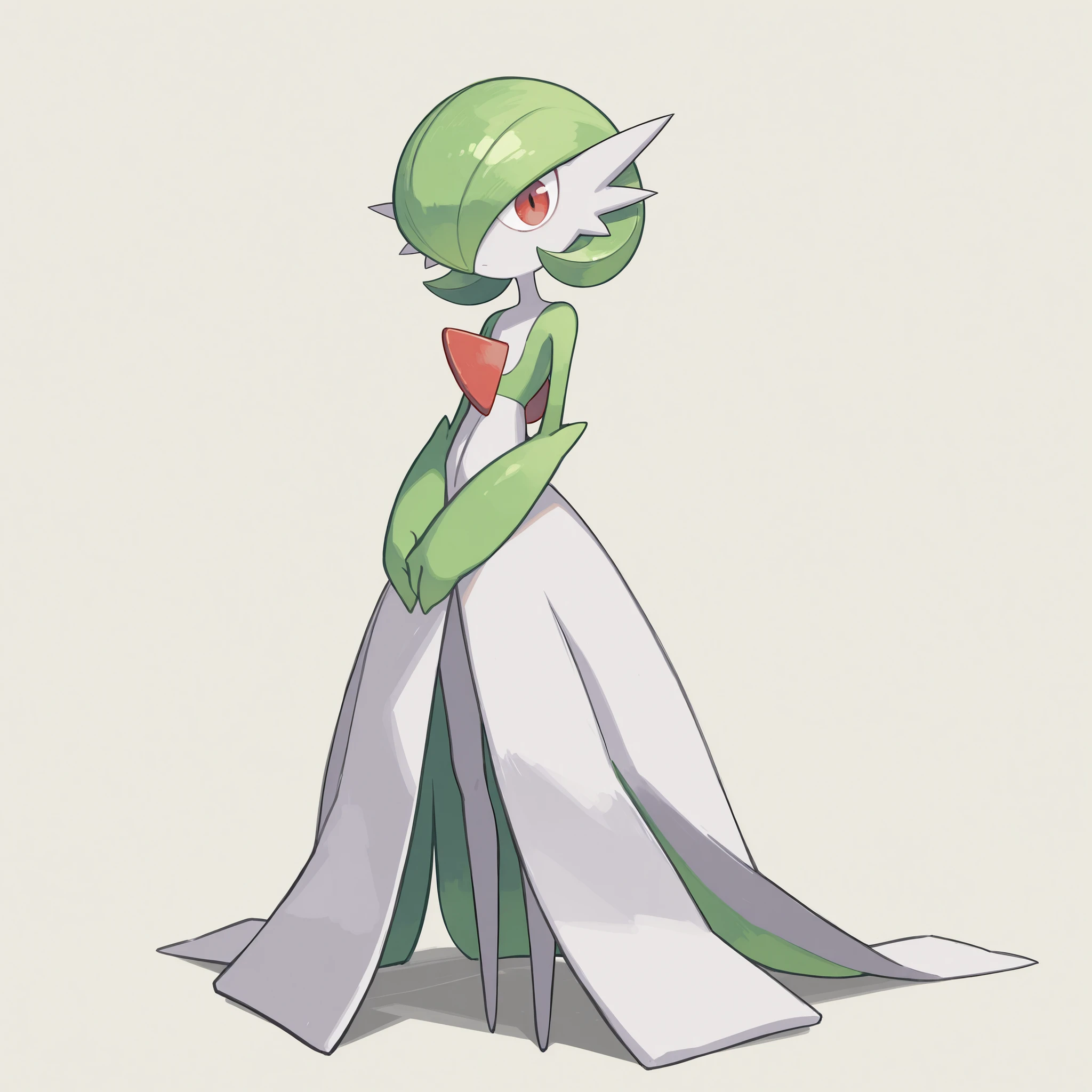 masterpiece, ultra-HD, impressionism, high detail, best quality, very aesthetic, 8k, best quality, beautiful, Gardevoir, 1girl, solo, pokemon (creature), white skin, green hair, short hair, red eyes, white dress, green sleeves, slim, serious, cute, hands on lap, standing, full body, looking at viewer, simple background, front view