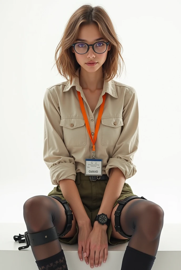 humanoid robot with an elegant design, equipped with a large coat full of compartments and pockets, attached backpack, short wires similar to curly hair, modern thick-rimmed glasses for sensors, robust and elegant metallic legs that resemble boots, confident and determined posture, sitting with a computer, soft and natural lighting, realistic textures on the coat and backpack, high resolution and image quality, vibrant colors and well-defined contrast, against a 100% white background