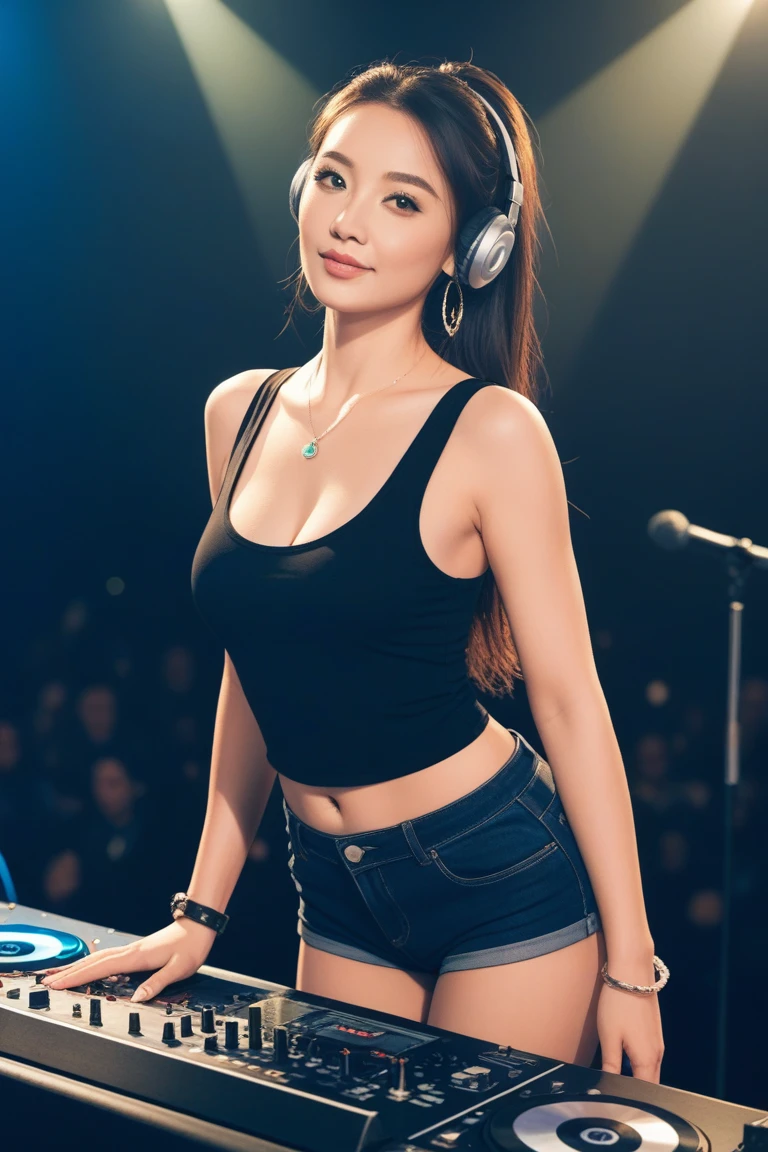 an indonesian-asian girl, wearing croptop and headphone, her hands behind her waist, big breast, smile, in the music studio with DJ tools