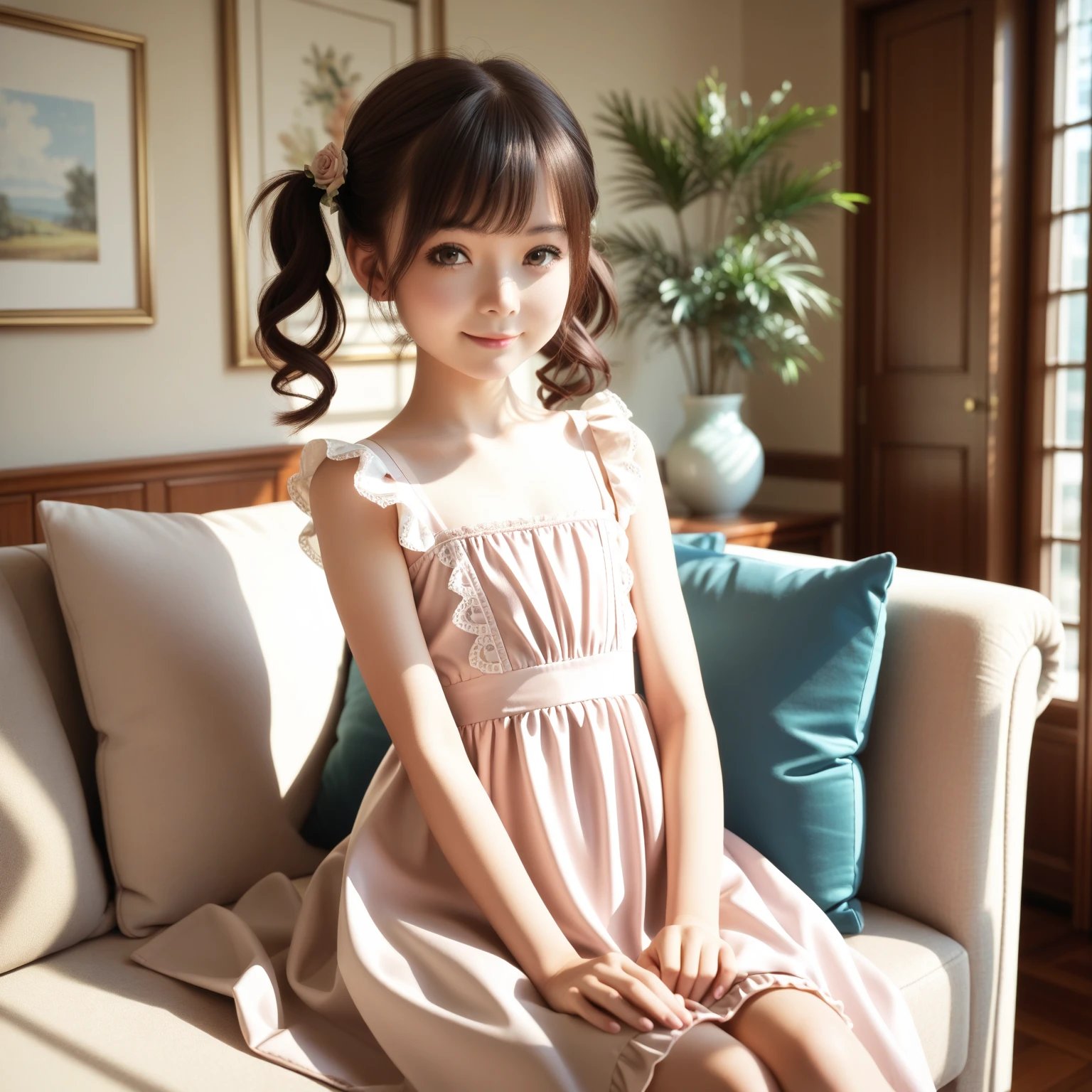 8k,masterpiece,Japanese,(:2),(child:1.7),from the front,Innocent face,Calm Eyes,One piece with frills,semi-long,Hair Clip,noon,bright,On a bed in a Western-style house,one summer day