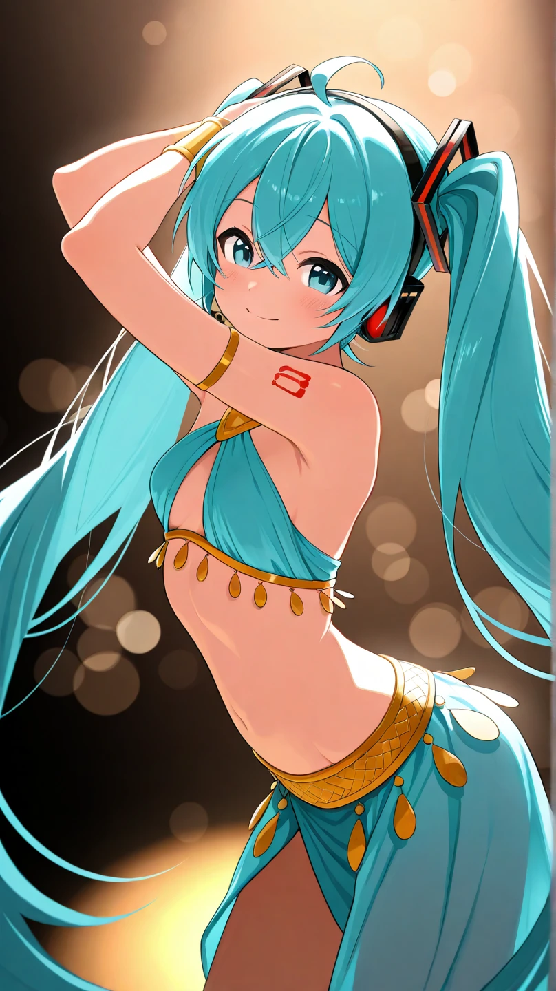 the best definition, Miku Hatsune, High Definition, kitsune ears, tribal tattoo, flirtatious girl, Small breasts add_detail, magician girl add_detail, sensual pose, horny girl, expression of sarcasm puts his hands to his face with an expression of mischief add_detail, detailed pupils, deep blue color add_detail:1