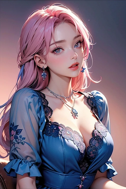 highly detailed, seductive erotic female is sweating,  covered in rose pedals, (busty, pink/blue hair), centered on the face, face focused, intricate eyes, blue hair, green eyes 