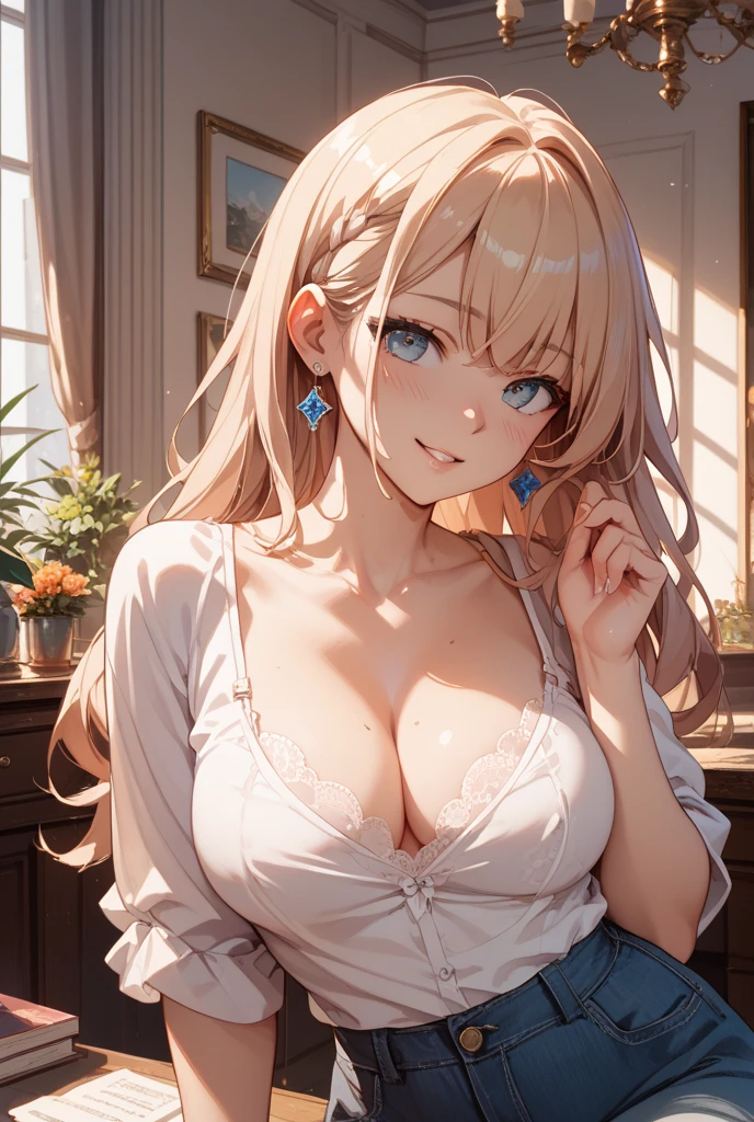 Hot beautiful girl,blue eyes,white wavy hair,  , hoops earrings, cleavage ,big breasts, smiling,  